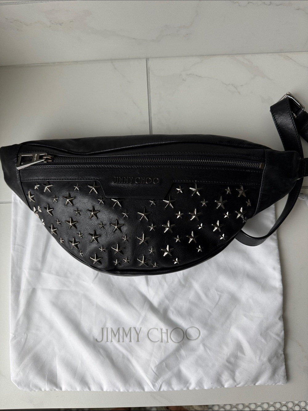 Jimmy Choo Black Leather Star-Studded Belt Bag